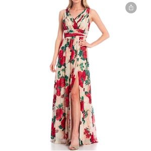 Calvin Klein Floral Pleated V-Neck Sleeveless Gown